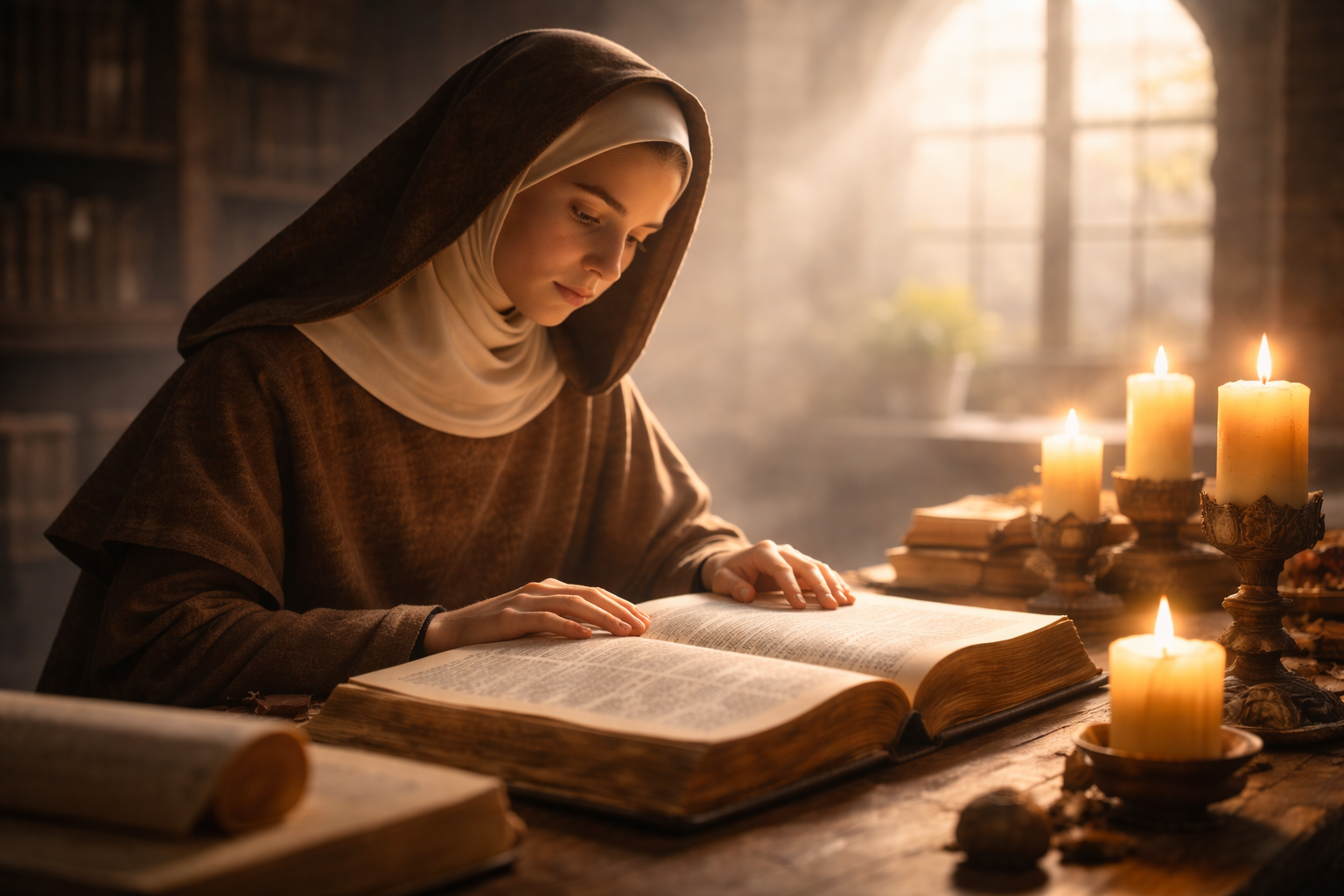 A Roman-era nun studies an ancient Latin text by candlelight in a quiet monastic library, softly backlit by a window.